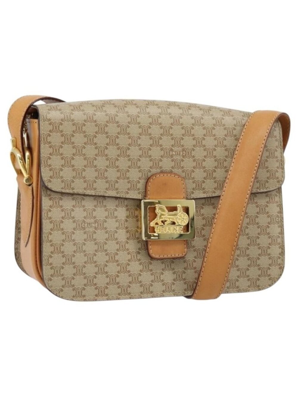 Authentic CELINE Macadam Canvas Horse Carriage Shoulder Bag PVC Beige Gold